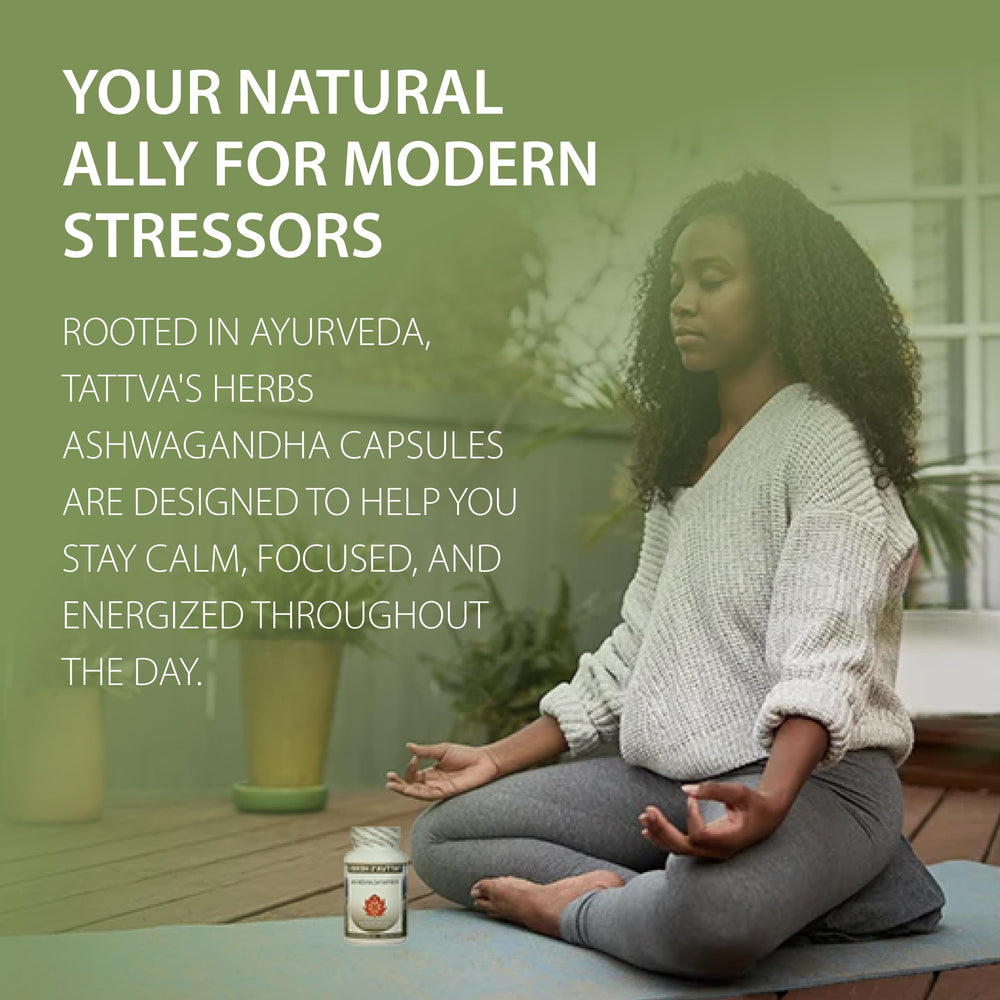 Tattva's Herbs Organic Ashwagandha bottle top, highlighting easy daily dosage.