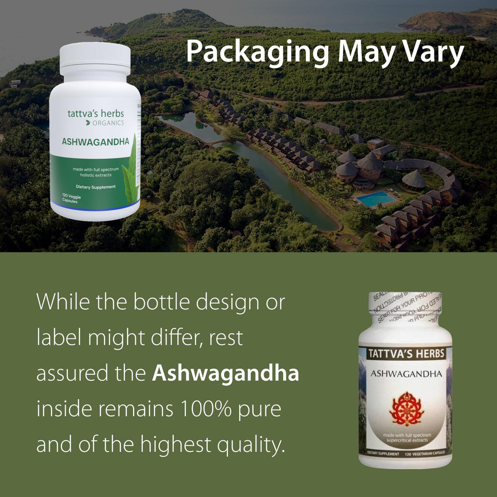 Tattva's Herbs Organic Ashwagandha capsules ingredients blend label, signaling organic quality for routine wellness.
