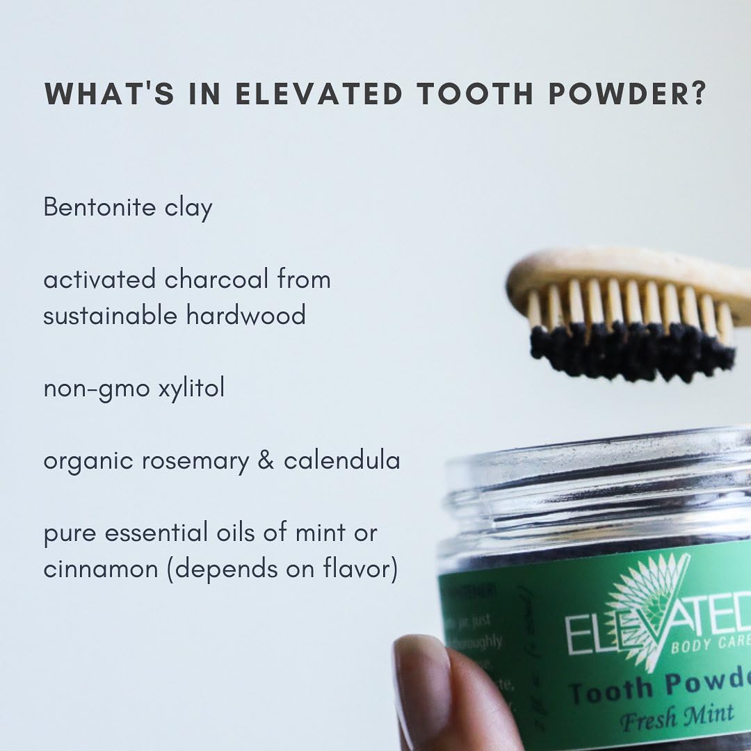 Taylors Elevated Charcoal Tooth Powder cinnamon jar with herbal notes for clean teeth.
