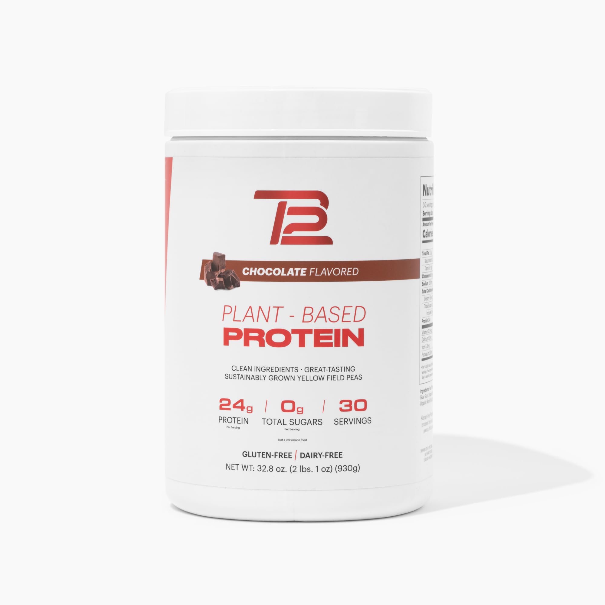 TB12 chocolate protein powder canister showing a vegan protein source for active days
