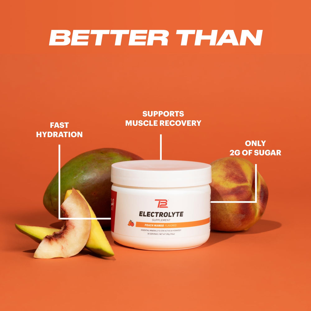 TB12 electrolyte powder dissolved in water forming a refreshing drink.
