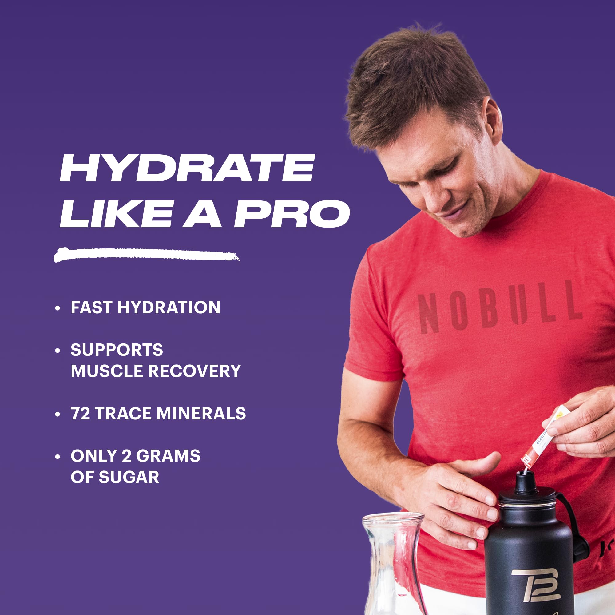 TB12 electrolytes powder container with scoop emphasizes mineral-rich hydration support