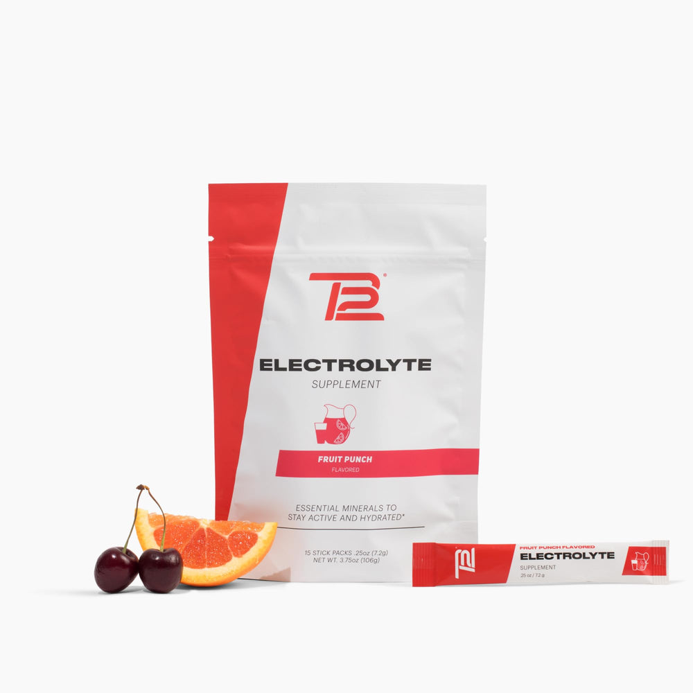 TB12 Electrolytes Fruit Punch stickpack close-up for convenient on-the-go hydration.