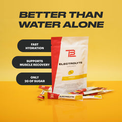 TB12 Lemonade electrolyte stickpack being stirred into water for quick refreshment