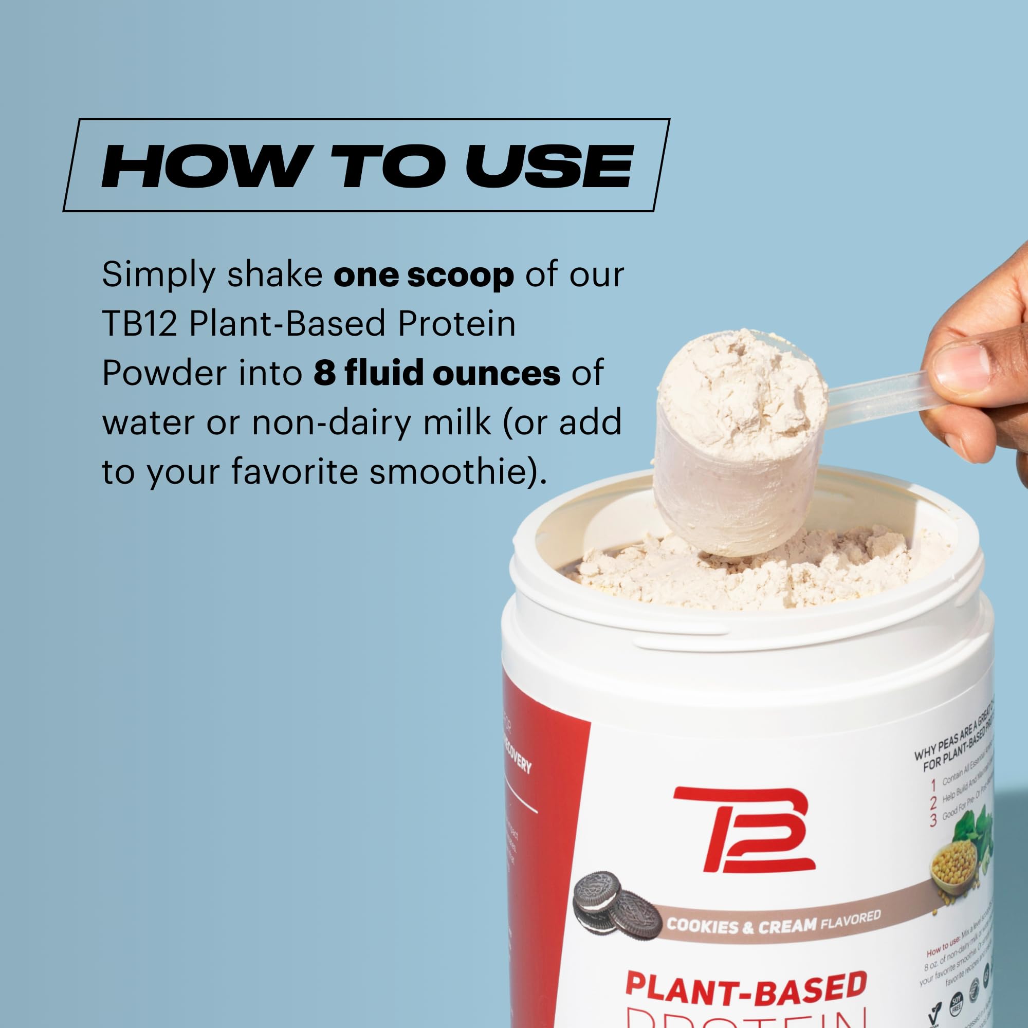 Close-up of non-GMO and dairy-free TB12 tub label