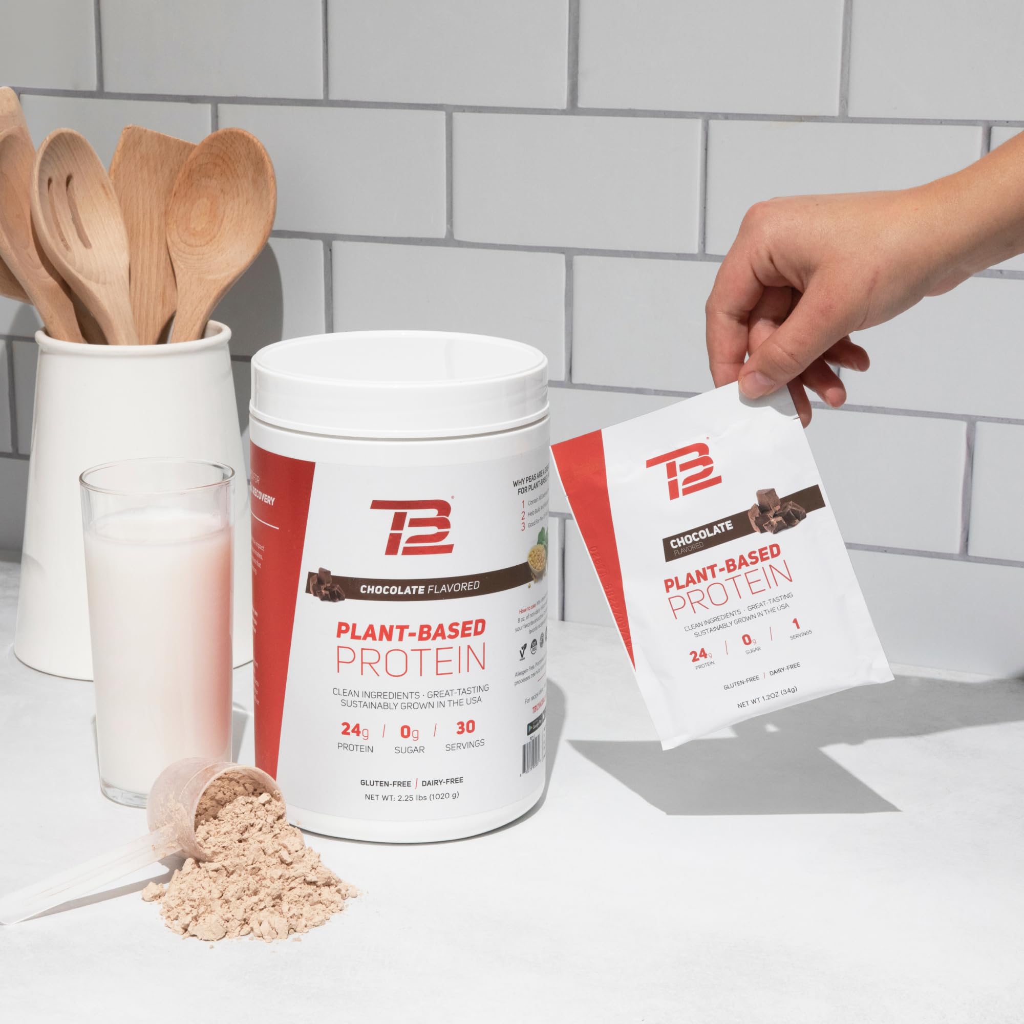 TB12 Plant Based Protein chocolate mix shown as a meal replacement.