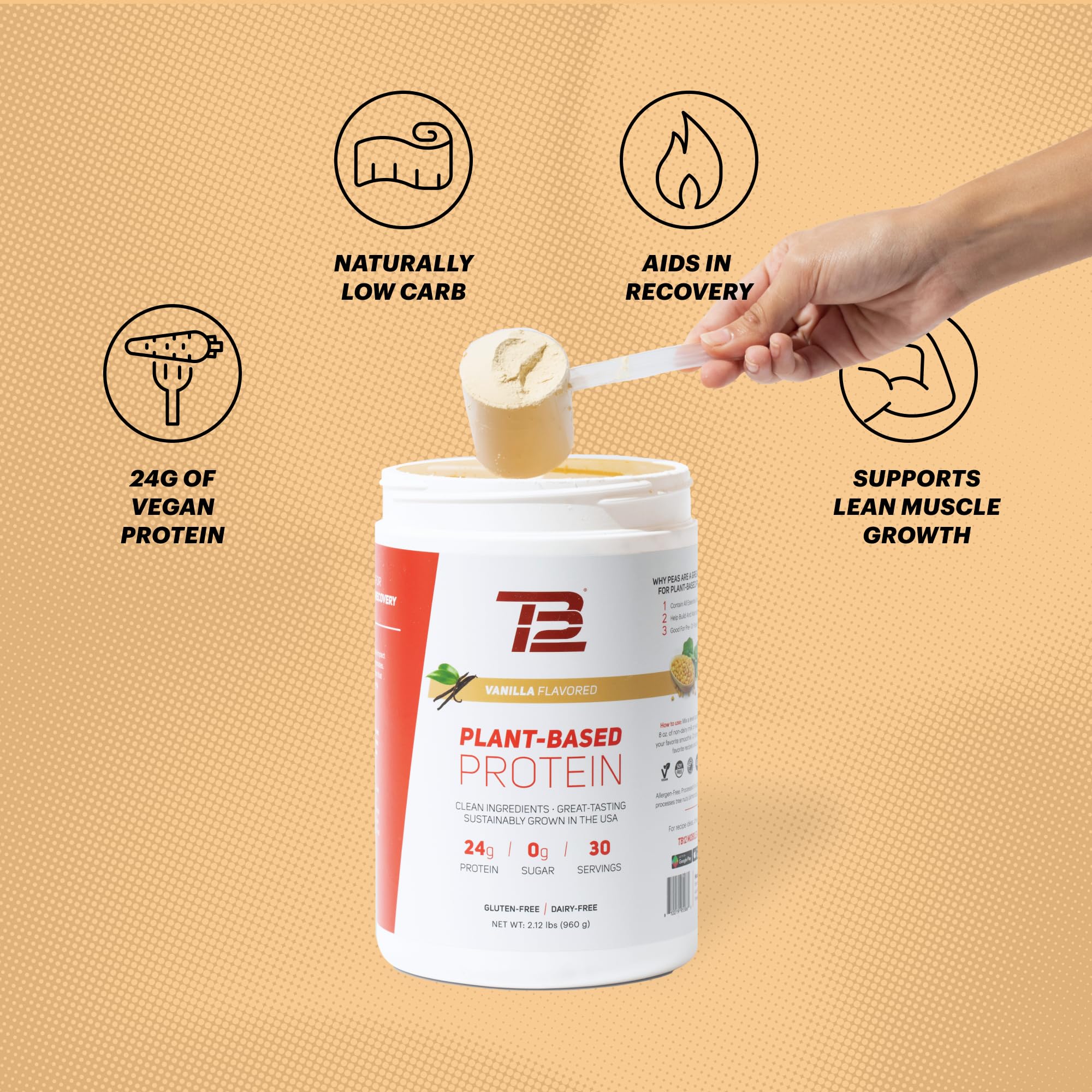 TB12 vanilla protein powder label highlights 24g of protein per serving.