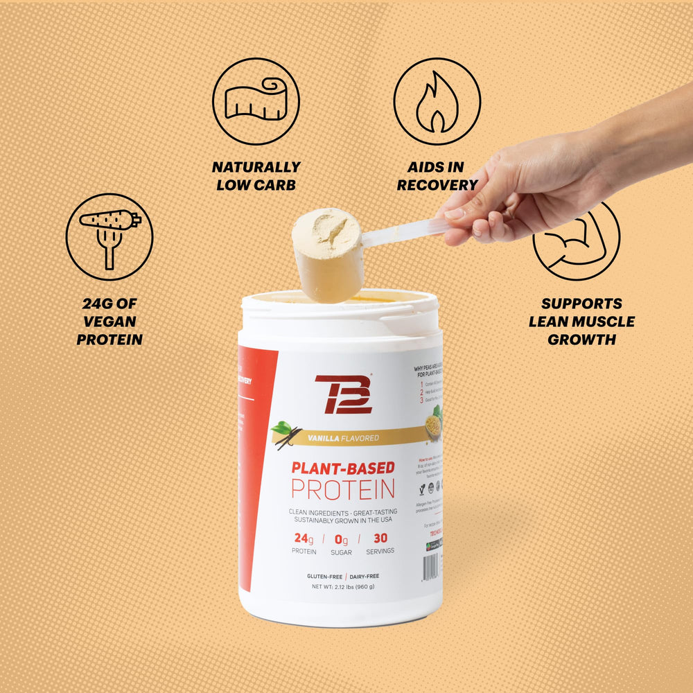 TB12 vanilla protein powder label highlights 24g of protein per serving.