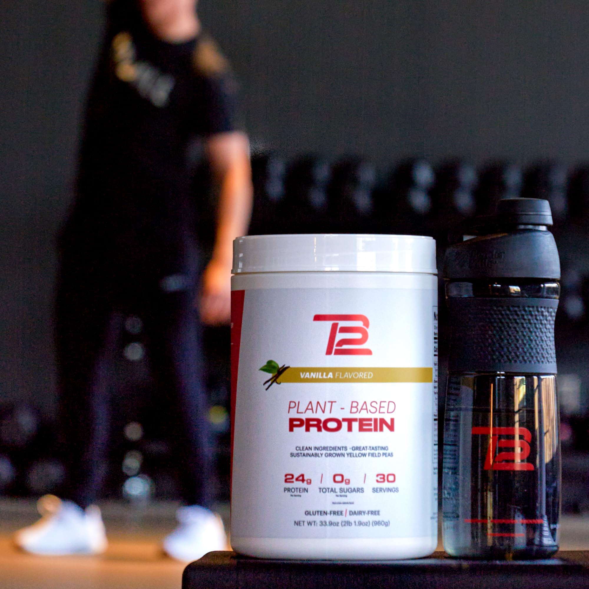 TB12 protein powder bottle demonstrates keto-friendly and paleo-friendly formulation.