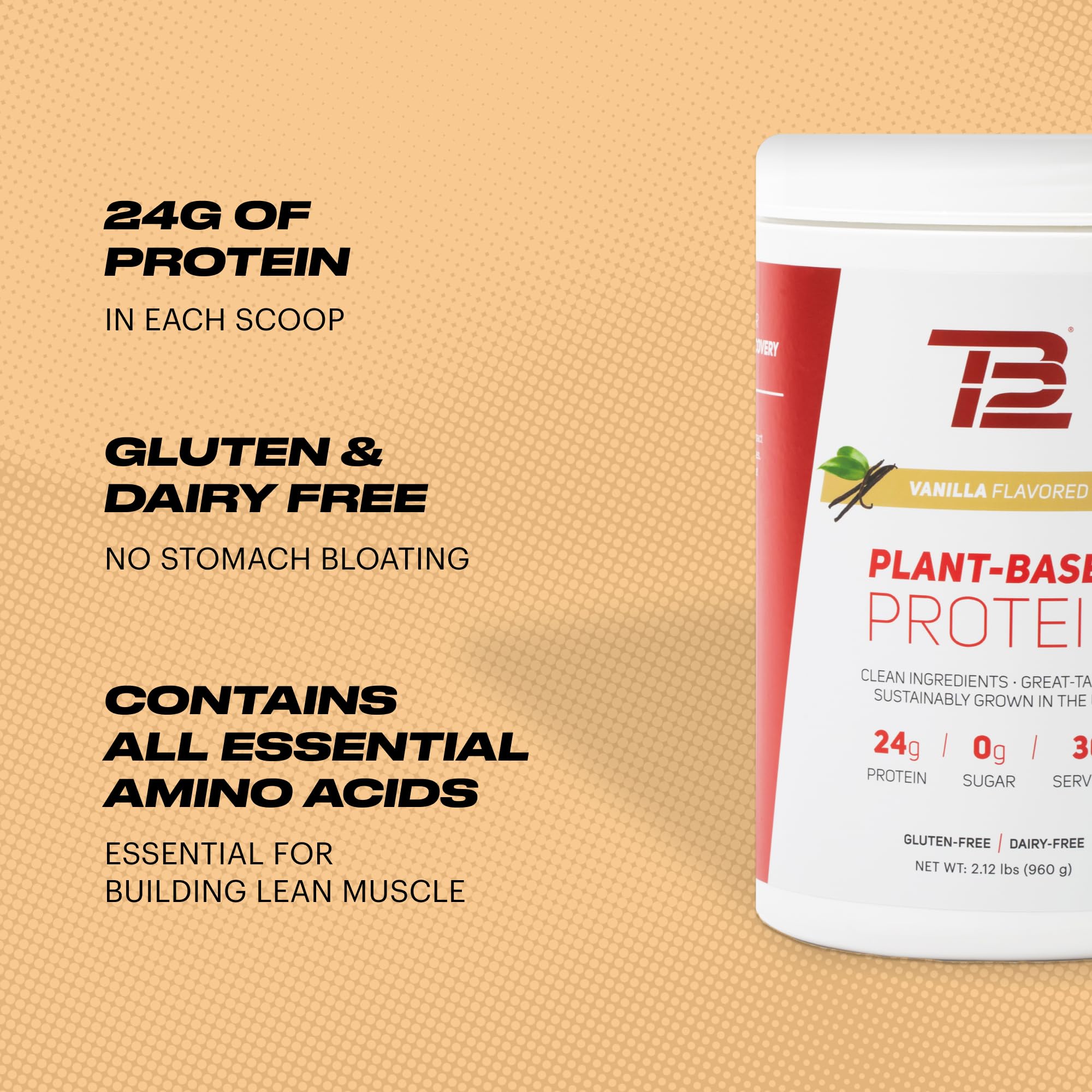 TB12 vanilla protein powder serving offers low sugar and low carbs.