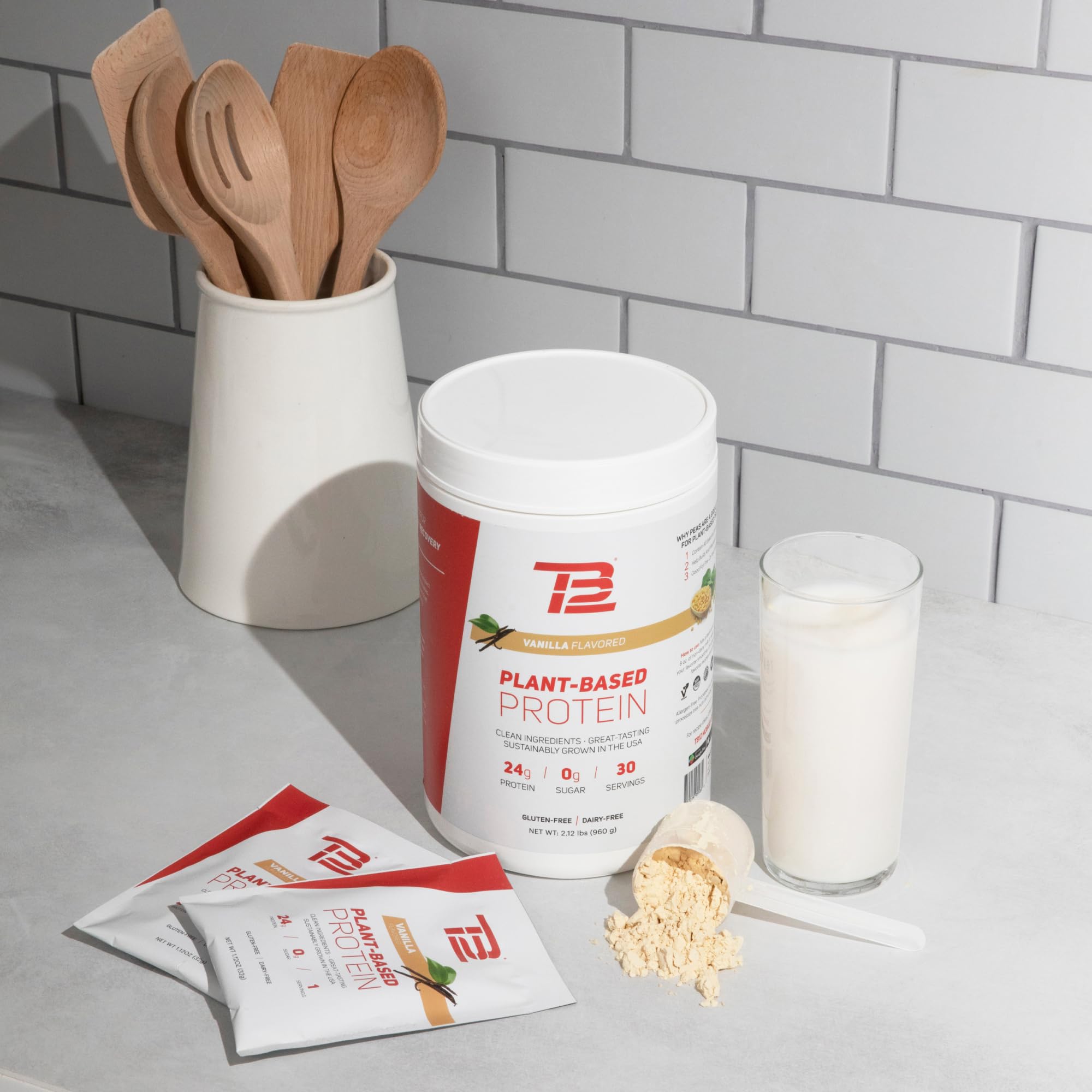 TB12 vanilla packaging with scoop and bottle in view