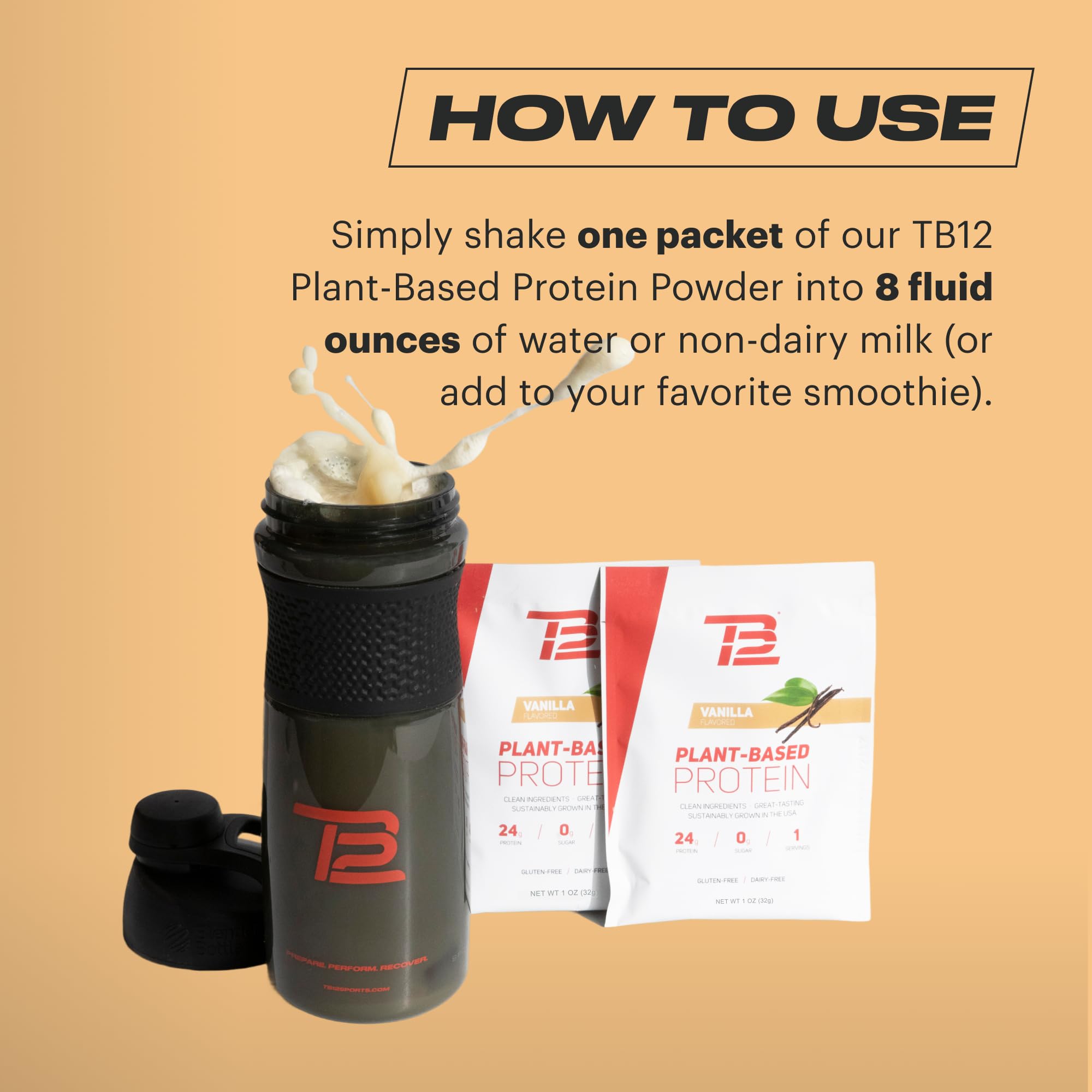 TB12 vanilla protein powder scoop ready for a smooth shake