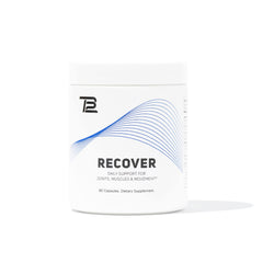 TB12 Recover bottle closeup showing compact capsules for daily recovery