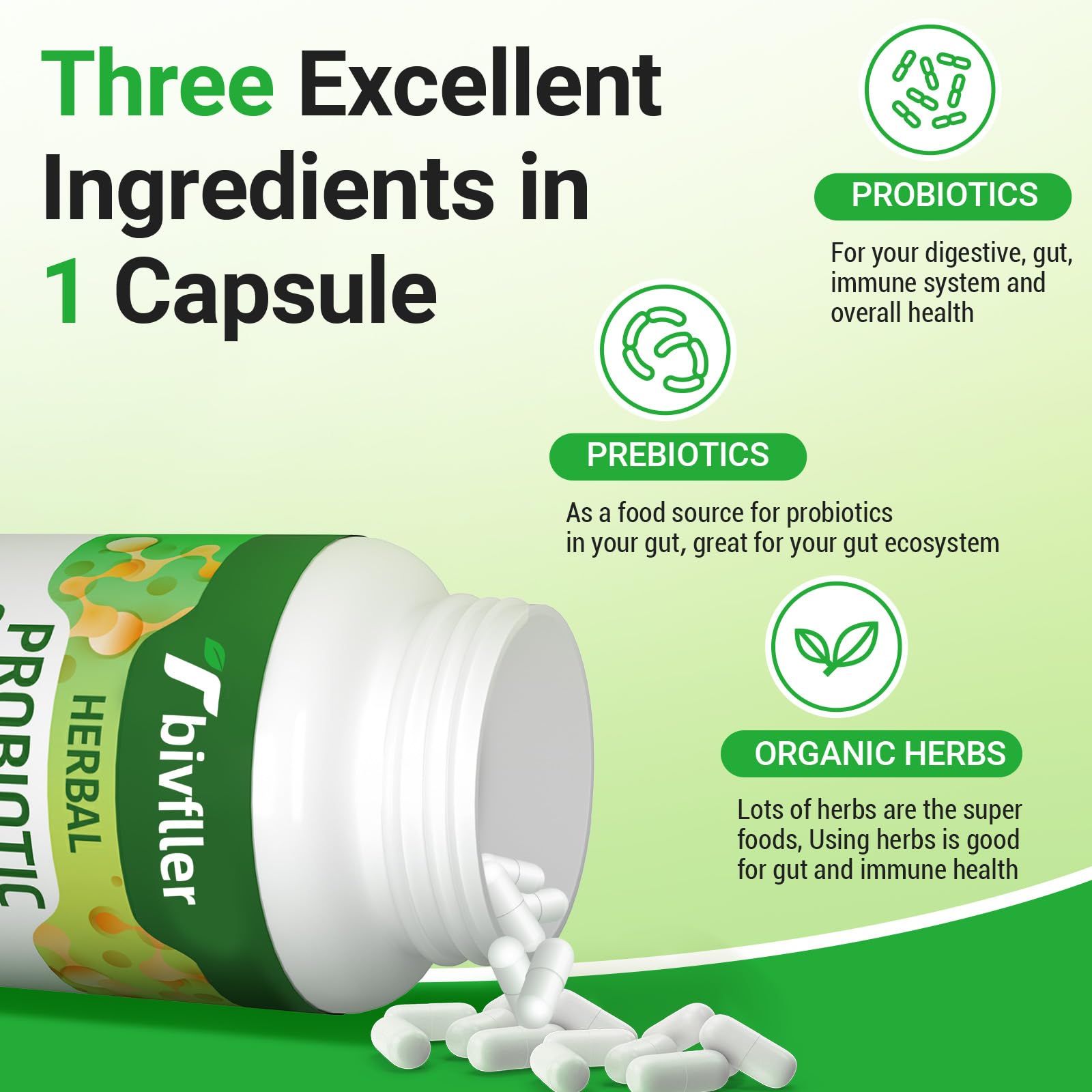 Tbivfller Probiotics digestive health graphic highlights broad gut support.