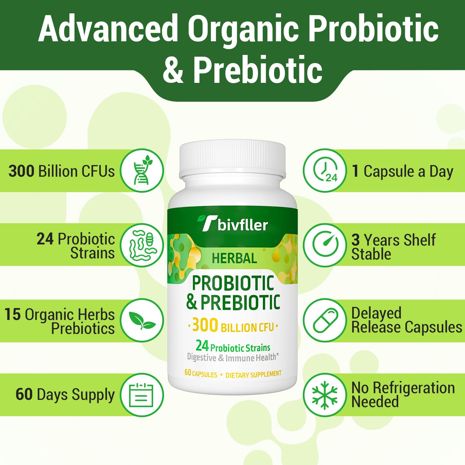 Tbivfller Probiotics organic herbs blend showcases natural plant-based gut support.
