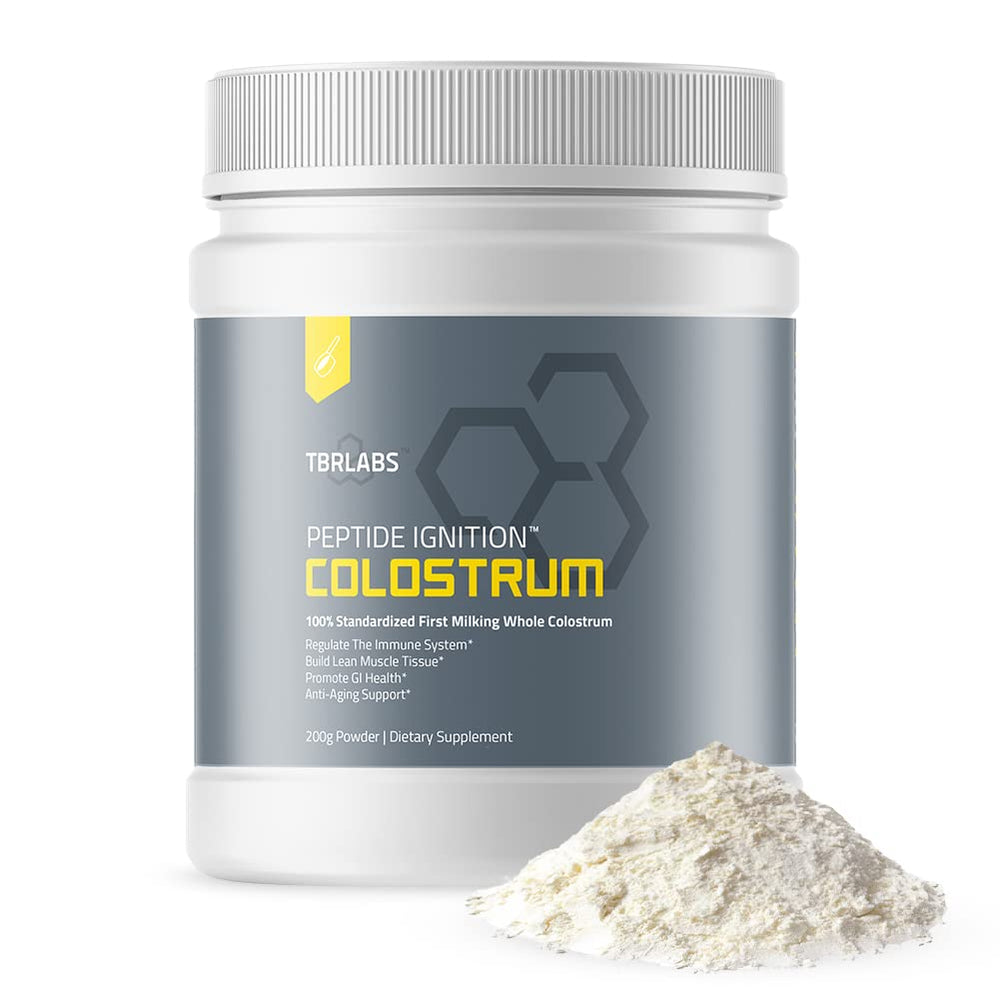 TBR Labs Colostrum Powder bottle with scoop promotes gut health and daily wellness.