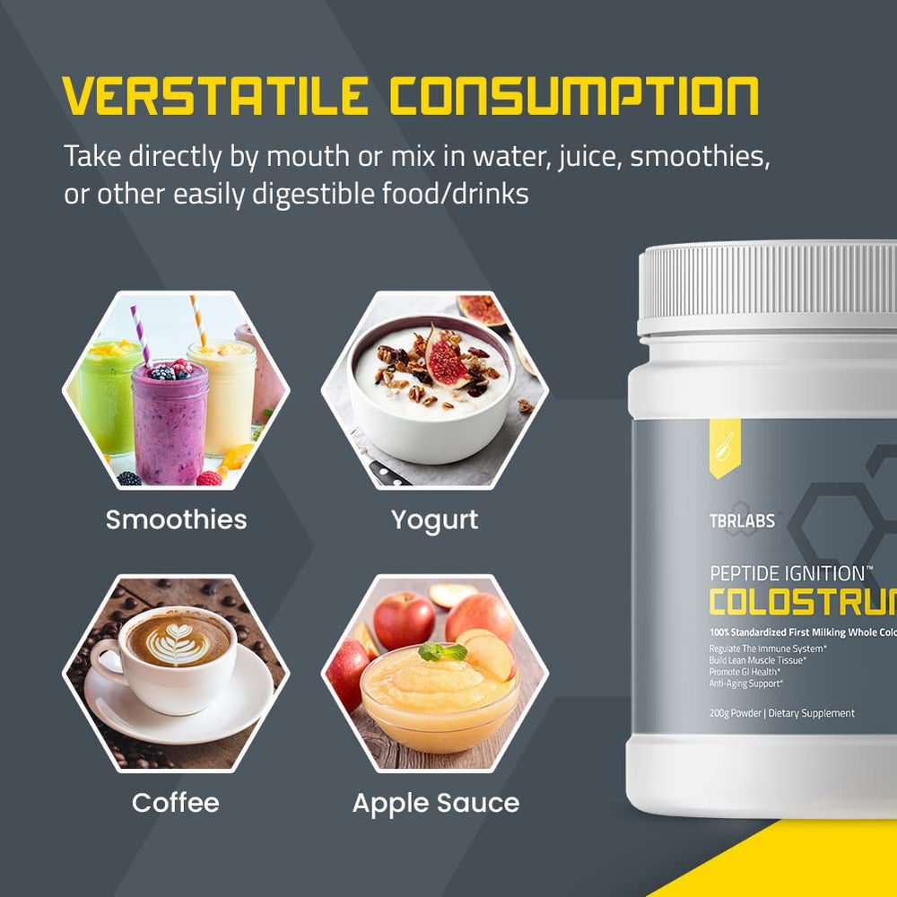 Pouring TBR Labs Colostrum Powder into water for easy daily use.