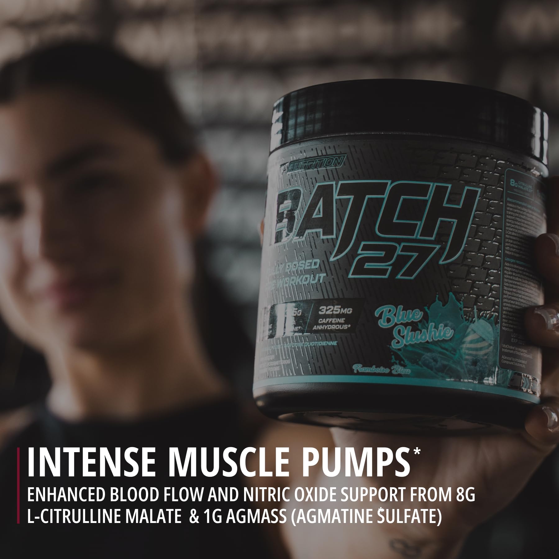 Glass with prepared Batch 27 drink emphasizing focus and pumps during training