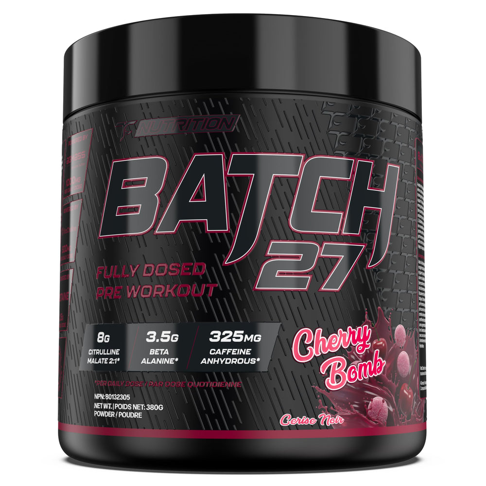 TC Nutrition Batch 27 Cherry Bomb bottle ready for training and focus