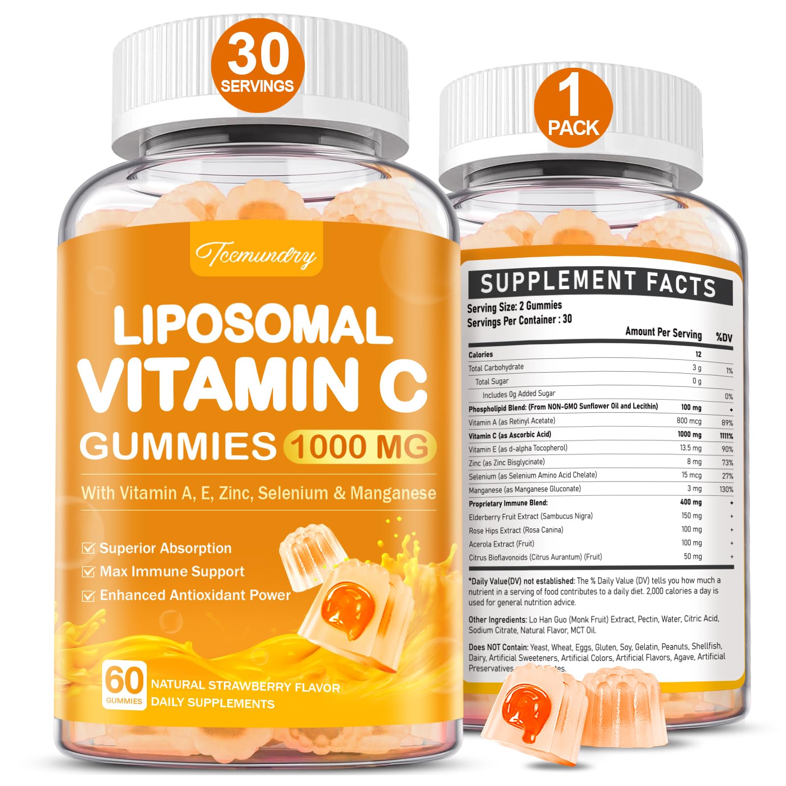 Tcemundry Liposomal Vitamin C Gummies packaging shows 1000 mg for daily immune support.