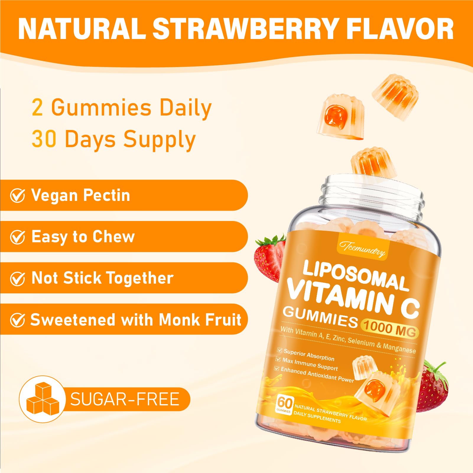Tcemundry Liposomal Vitamin C Gummies strawberry flavor and monk fruit sweetness highlighted.