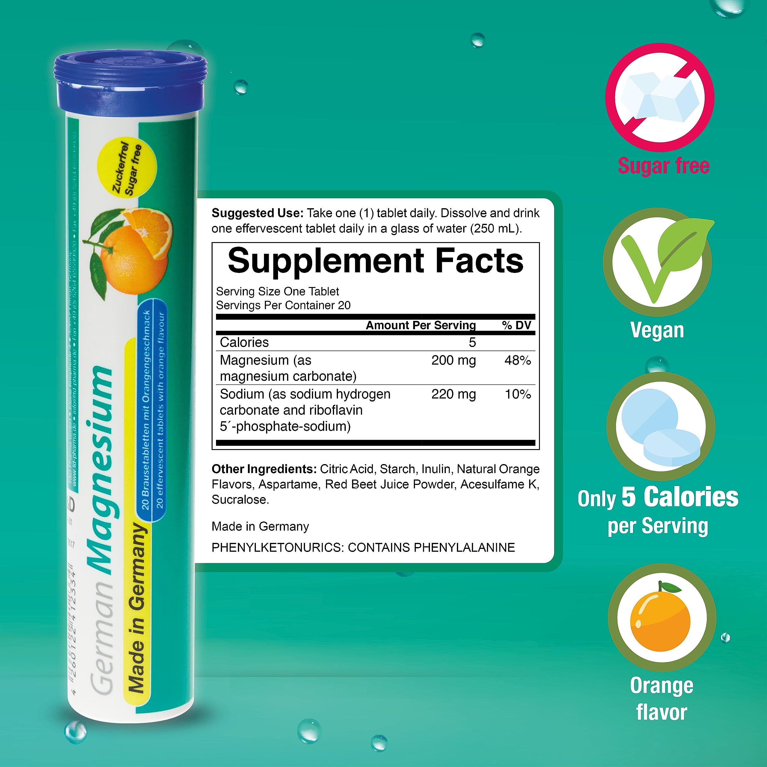 Effervescent TD Pharma tablets swirl in a glass with orange aroma.