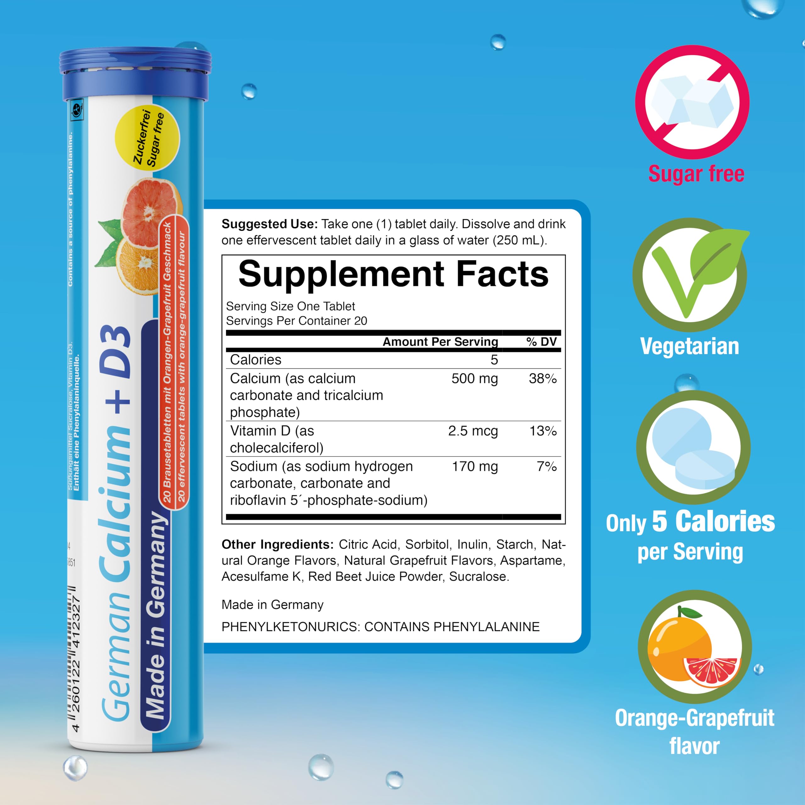 T&D German Calcium + D tablet provides 500 mg calcium per serving