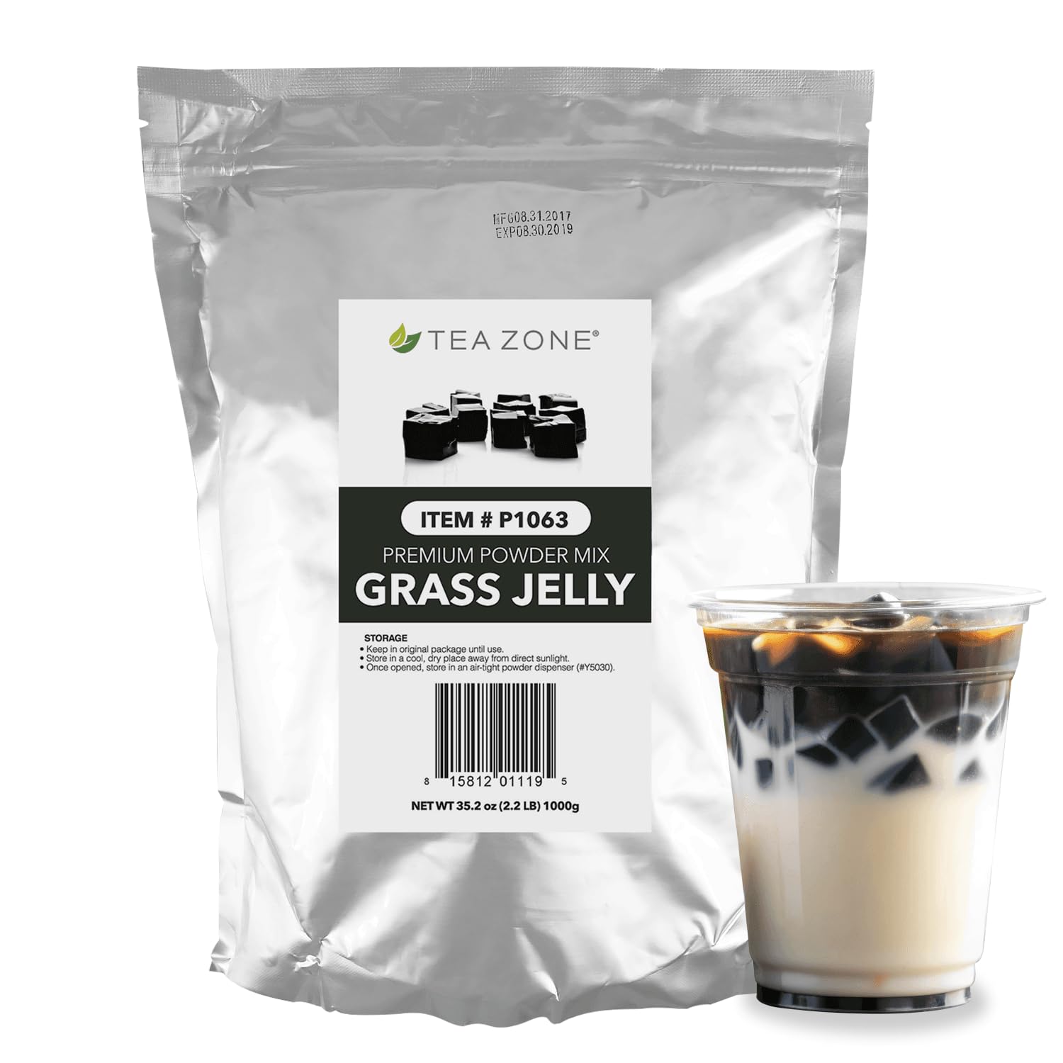 Tea Zone Grass Jelly Powder packaging on display for easy jelly prep.