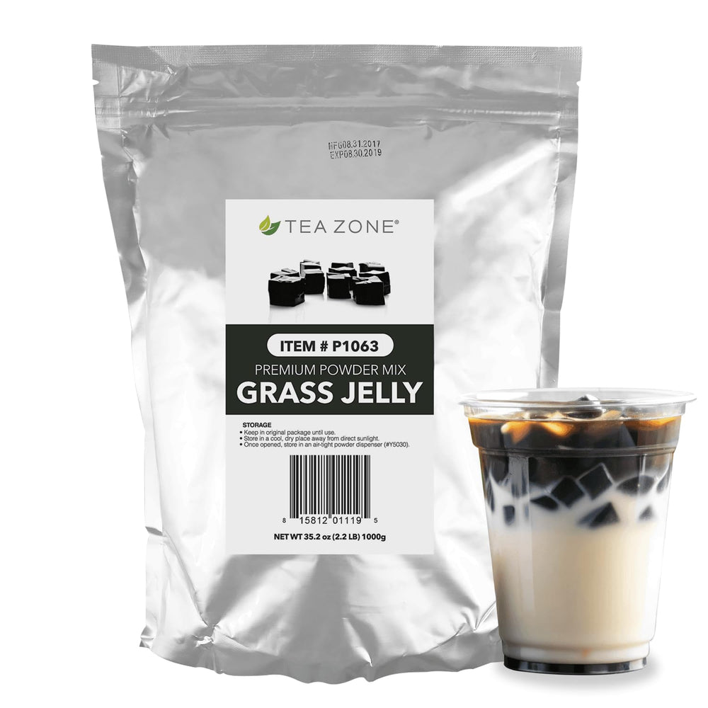 Tea Zone Grass Jelly Powder packaging on display for easy jelly prep.