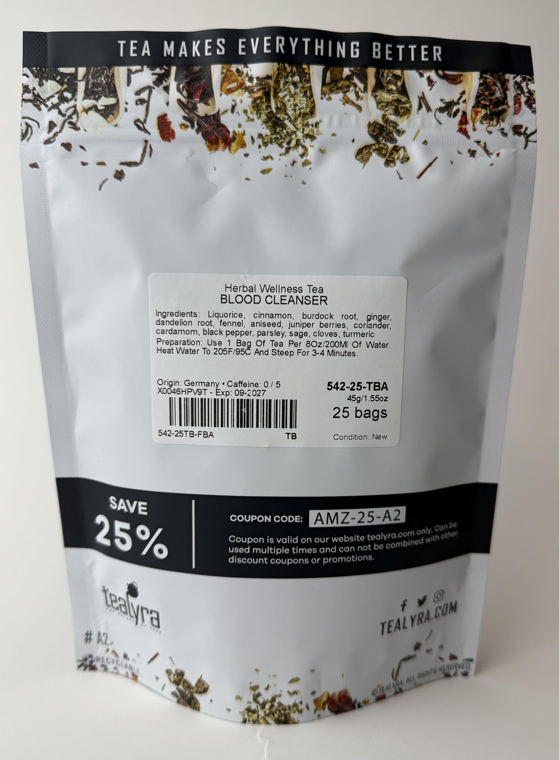 Tealyra Blood Cleanser Tea packaging front highlighting caffeine-free herbal blend.