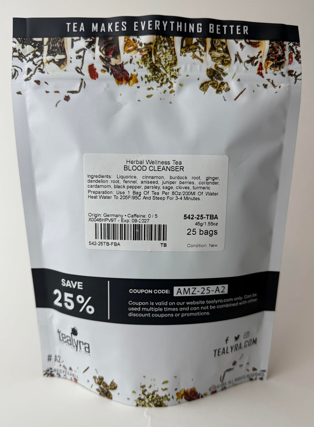 Tealyra Blood Cleanser Tea packaging front highlighting caffeine-free herbal blend.