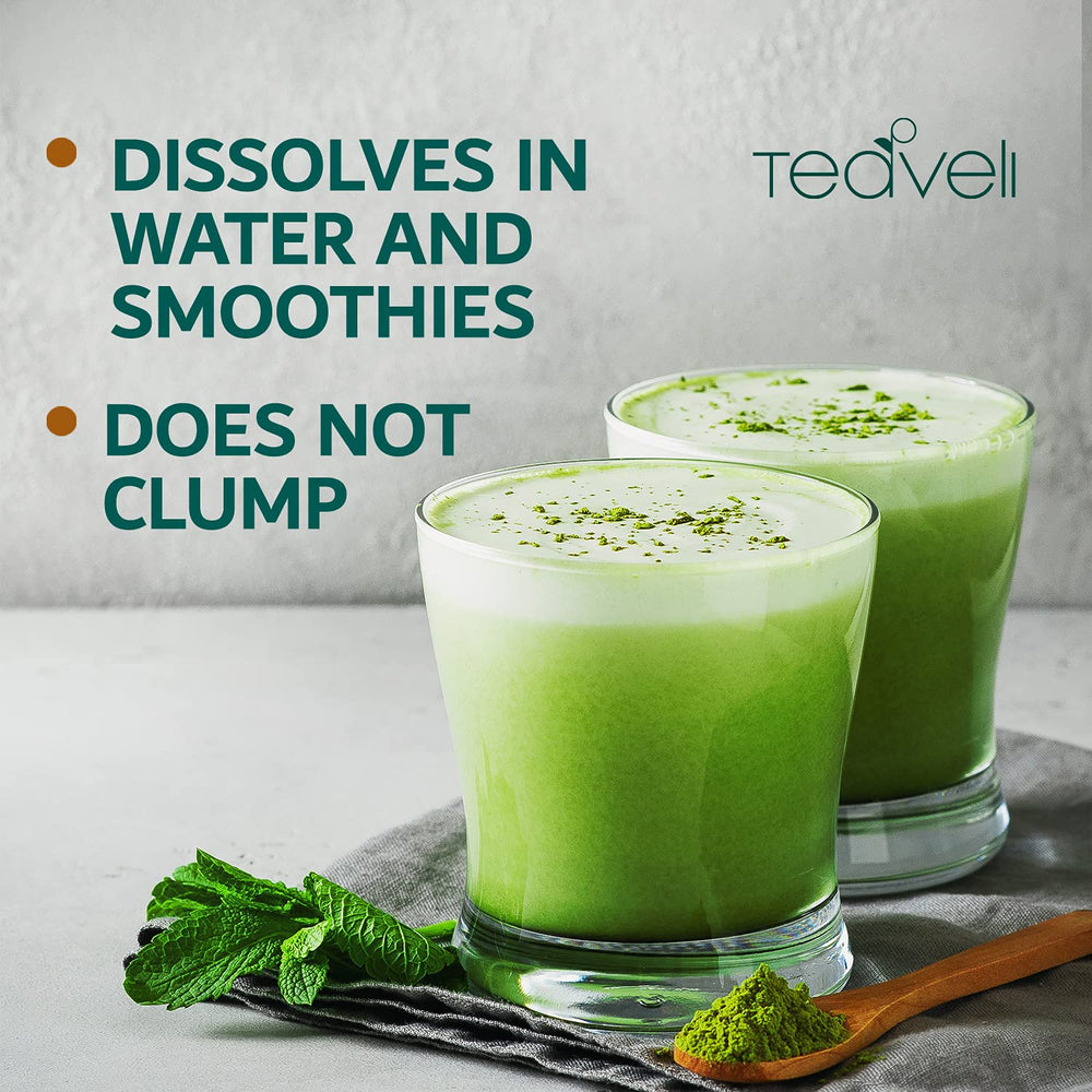Teaveli barley grass juice powder in a glass reveals vibrant green freshness.