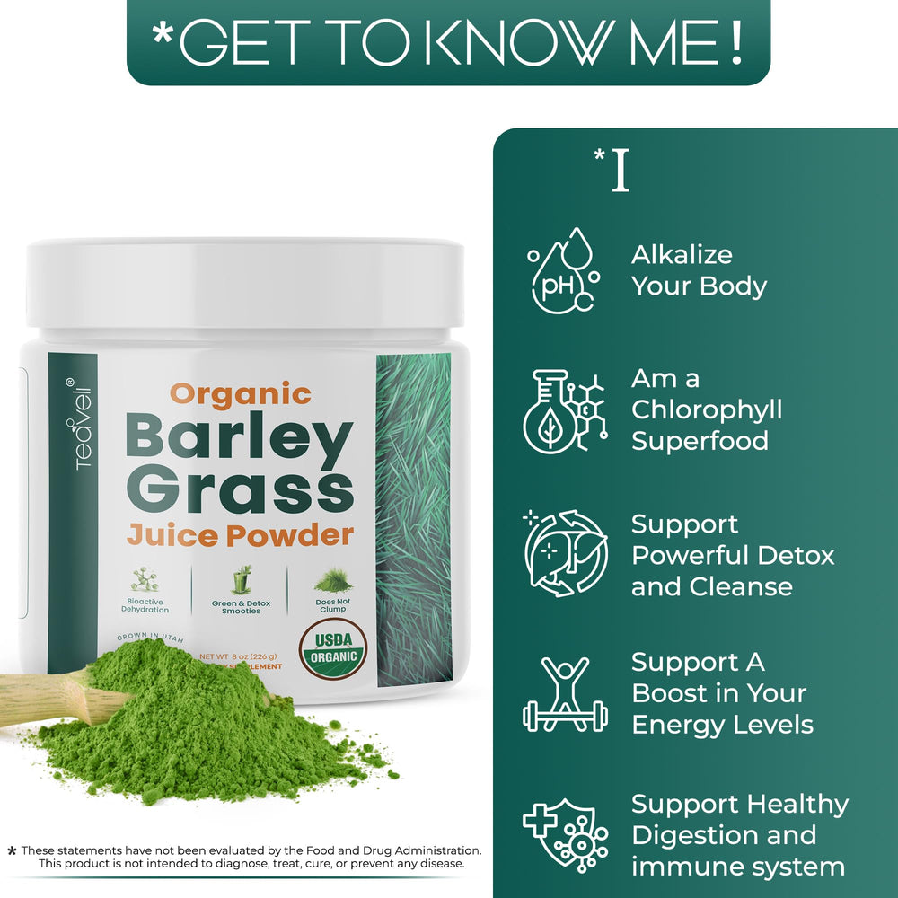 Teaveli barley grass juice powder scoop shows easy portioning for smoothies.