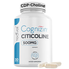 Teaveli Cognizin 500mg capsules bottle highlighting cognitive support dosage.