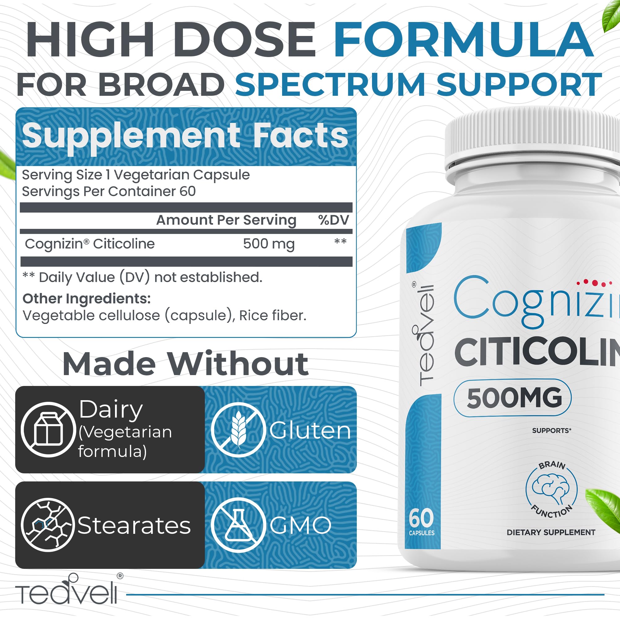 Teaveli Cognizin bottle shot showing easy daily dosage.
