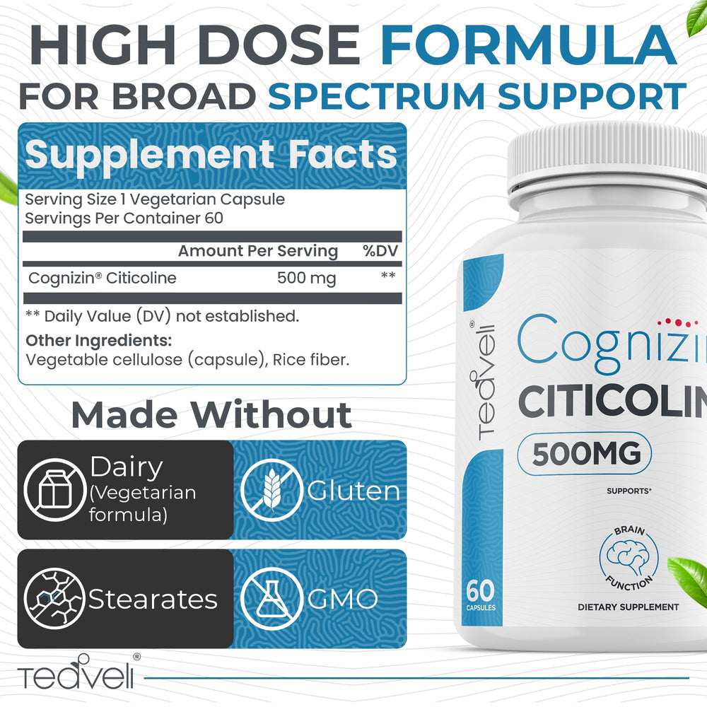 Teaveli Cognizin bottle shot showing easy daily dosage.