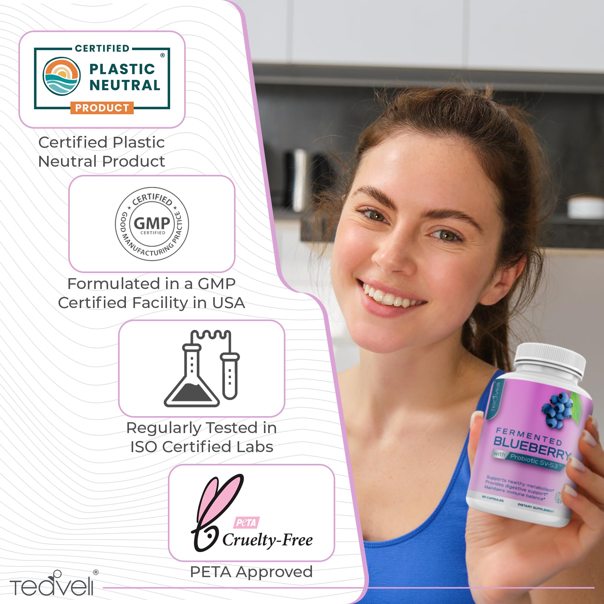 Packaging emphasizes clean, allergen-free formula with Canadian-grown blueberries for purity