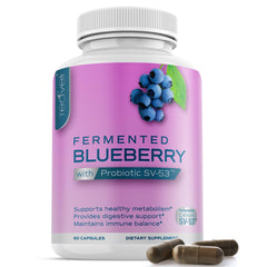 Teaveli probiotic blueberry supplement bottle highlights polyphenols for metabolism support