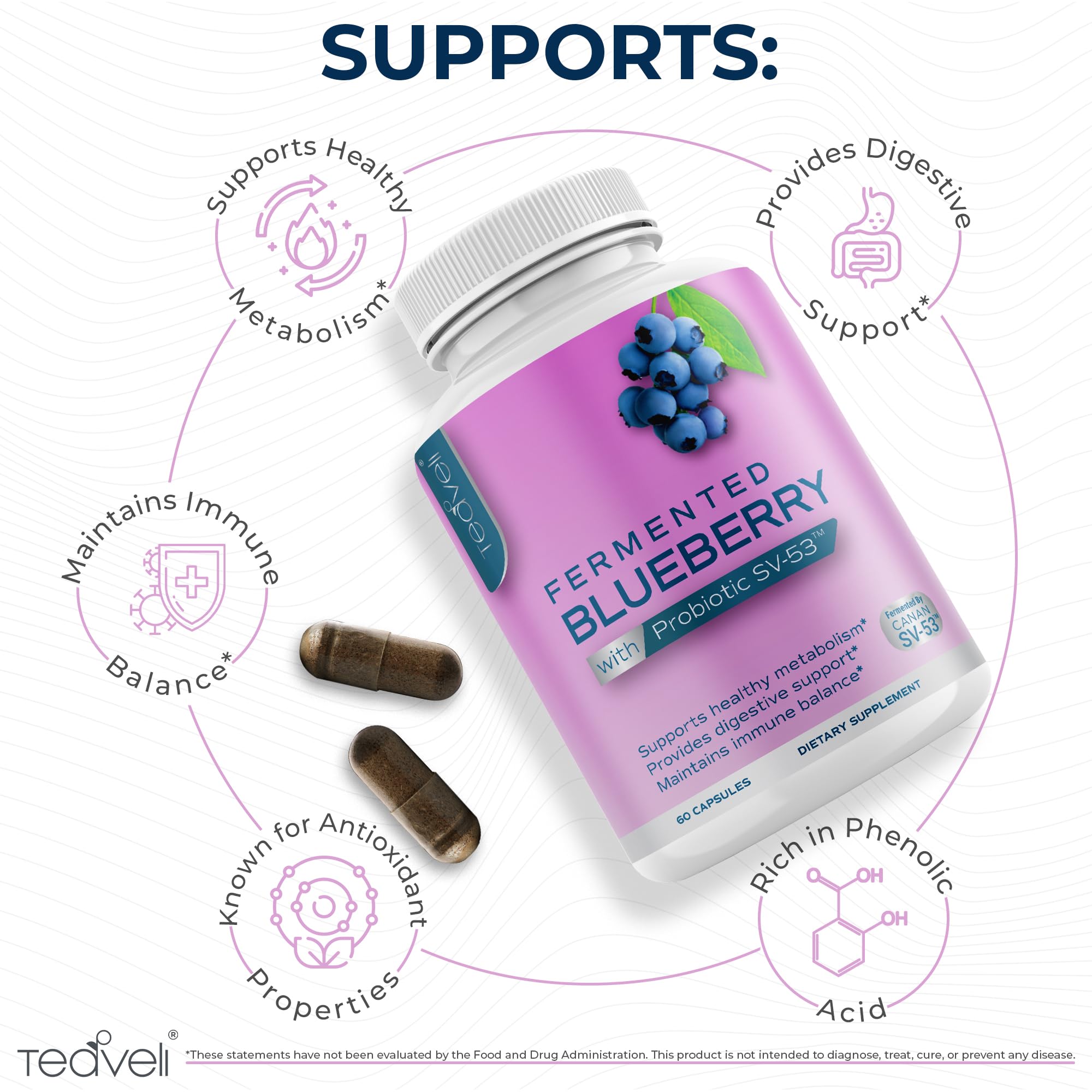 Teaveli wild blueberries image suggests polyphenols for immune-friendly nutrition