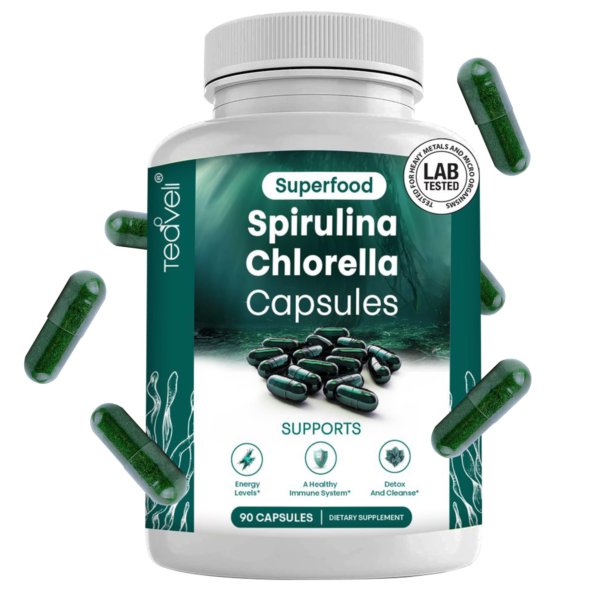 Teaveli spirulina-chlorella capsules bottle for easy, vegan daily supplementation.