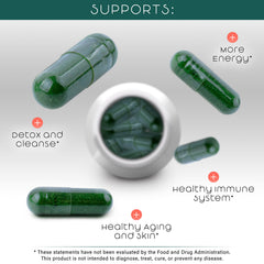Teaveli spirulina-chlorella capsules inside view emphasizes 600 mg per serving.