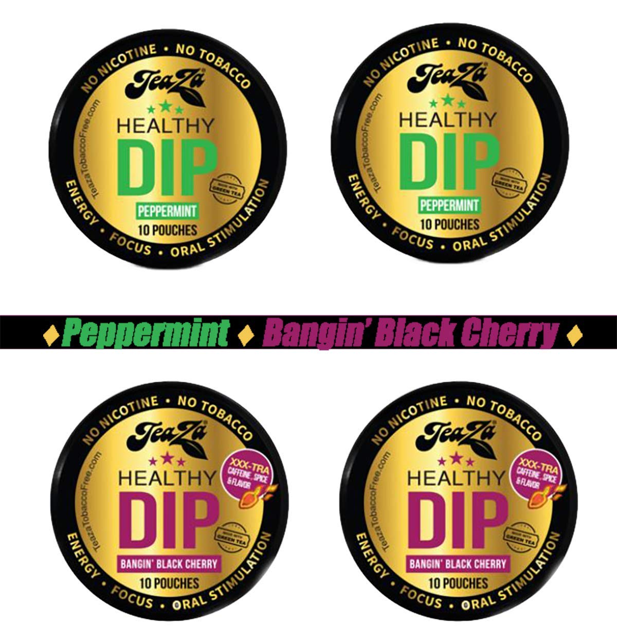TeaZa Herbal Energy peppermint dip pouch pack shows refreshing mint flavor and bold contrast