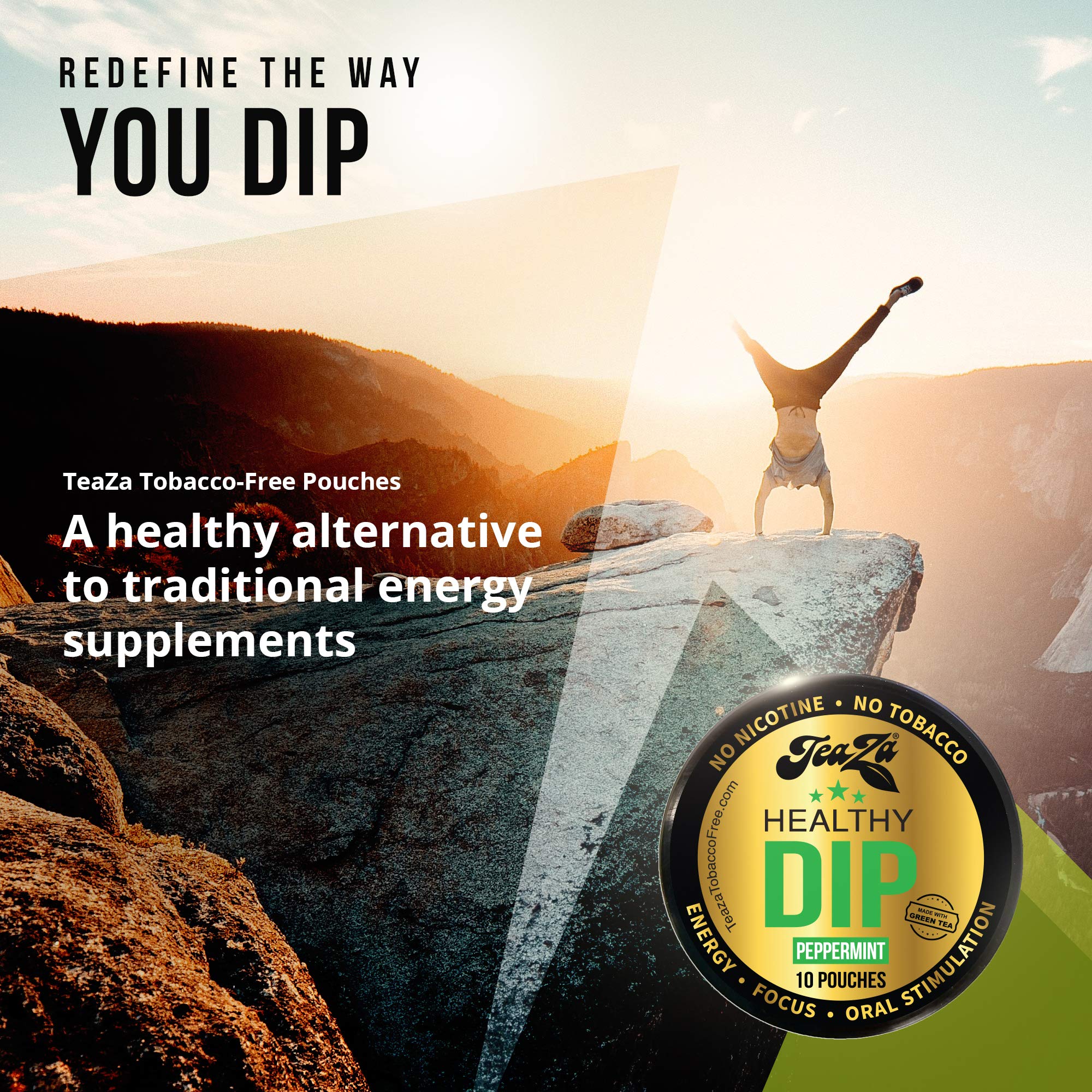 TeaZa Peppermint flavor energy pouch close-up highlights refreshing aroma and focus aid.