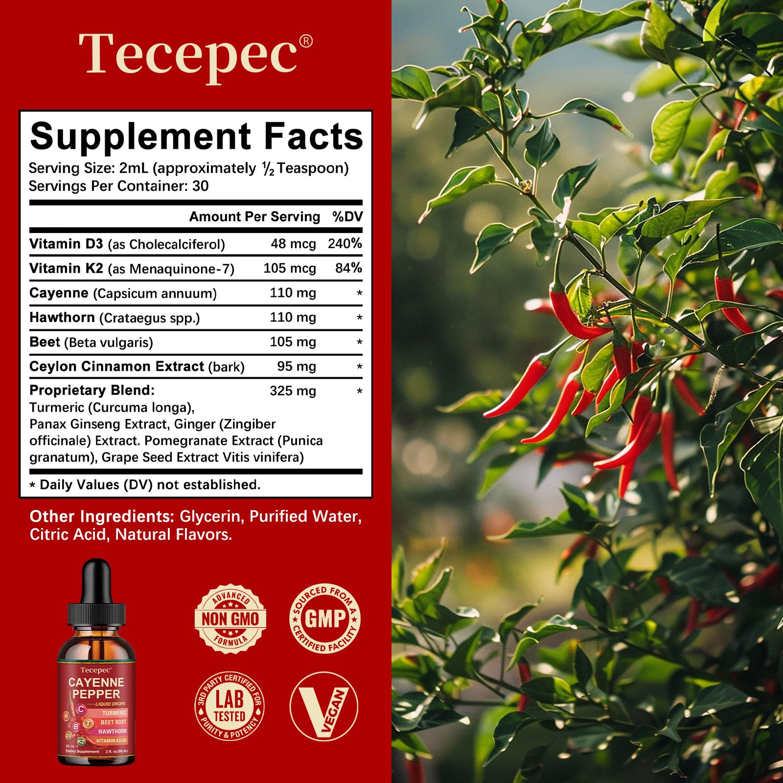 Tecepec Cayenne Pepper Drops bottle back showing ingredients and directions.