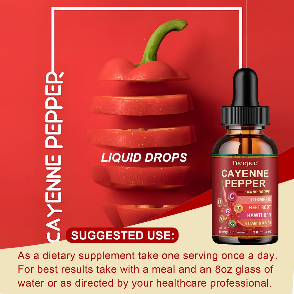 Tecepec Cayenne Pepper Drops packaging two bottles emphasize value.