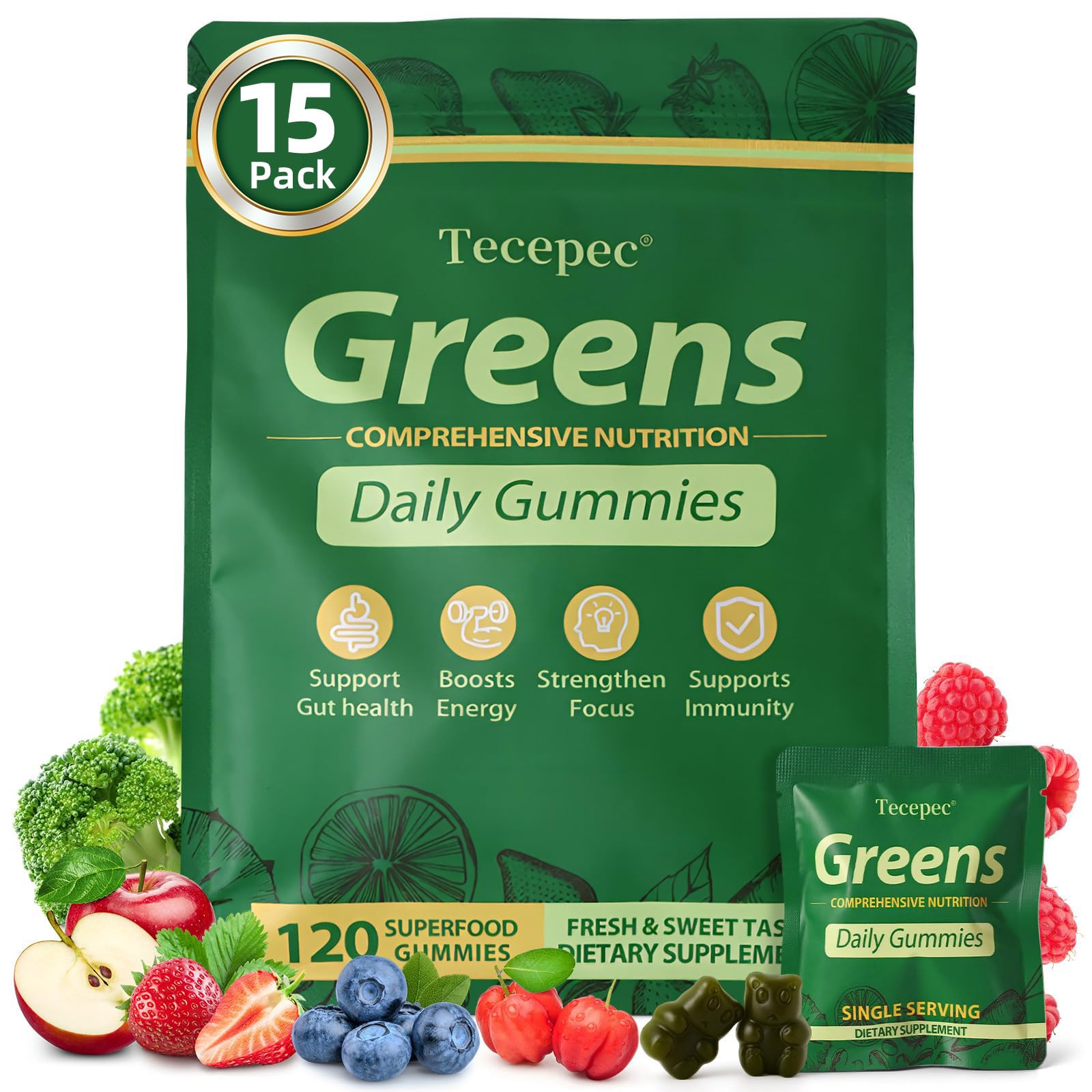 Tecepec Greens Daily Gummies bottle on display, ideal for on-the-go daily nutrition.