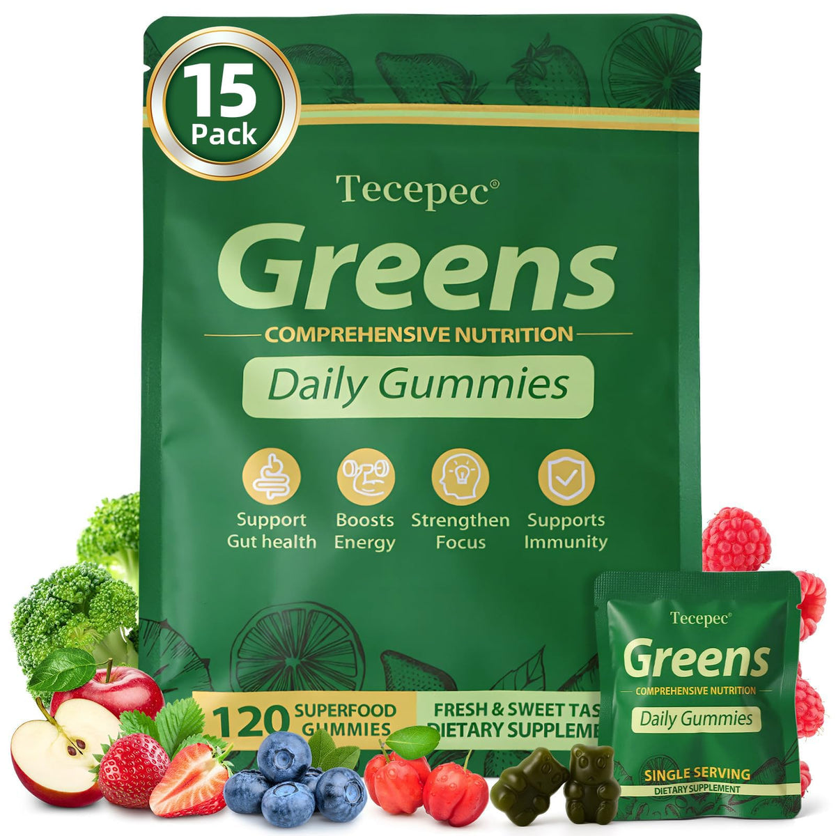 Tecepec Greens Daily Gummies bottle on display, ideal for on-the-go daily nutrition.