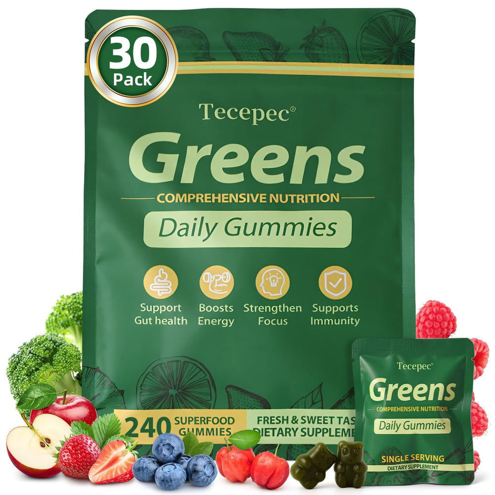 Tecepec Greens Daily Gummies bottle with colorful gummies for daily energy support.