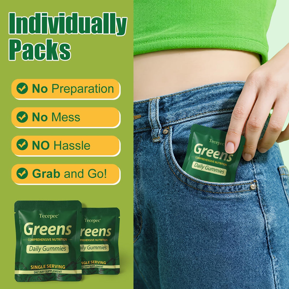 Tecepec Greens Daily Gummies with fresh fruits illustrating greens nutrition.