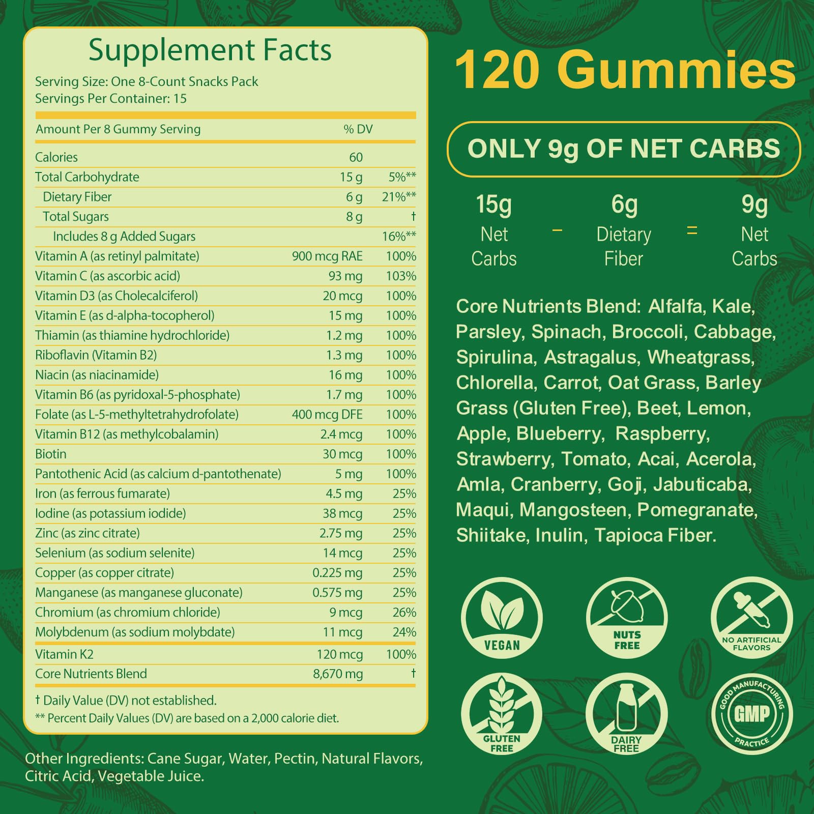 Tecepec Greens Daily Gummies ingredients: spirulina and chlorella present in a nutrient-rich mix.
